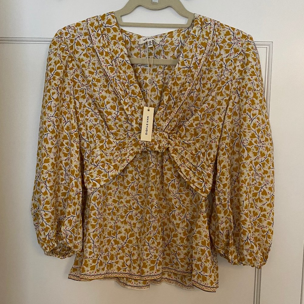 Max Studio Floral Blouse, XS, Yellow/Gold